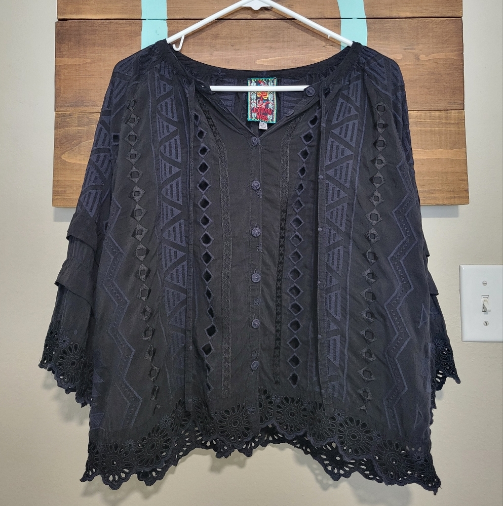 Johnny Was Black Ari Eyelet Blouse Boho Western Size Small